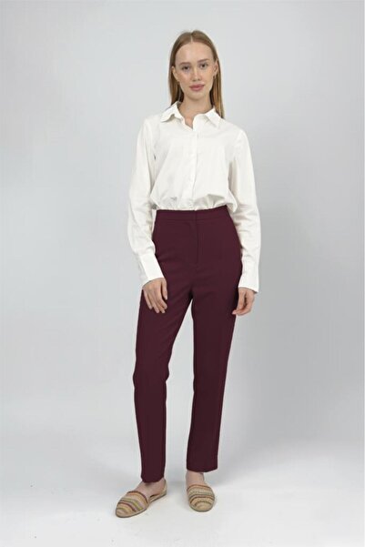 Betimoda Women's High-Waisted Stretchy/ Stretch Fabric Fabric Carrot Cut Pencil Trousers Burgundy