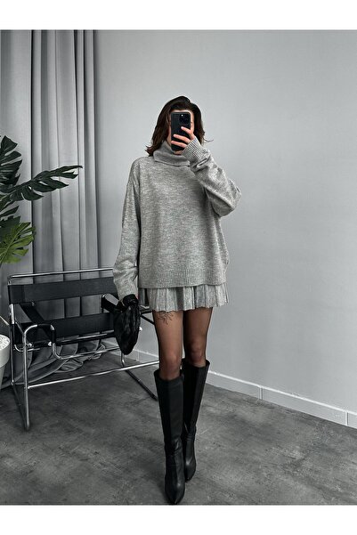 POİNE Women's Premium High Neck Sweater and Mini Skirt Knitwear Set