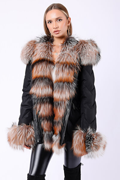 Leather Club Siyah Naturel Fox Garnili Fiber Puffer Kaban