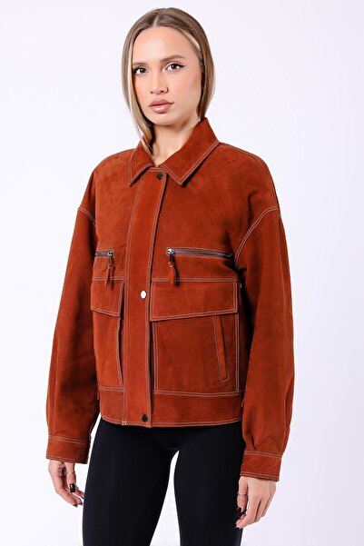 Leather Club Kiremit Kırmızı Hakiki Süet Deri Kaban