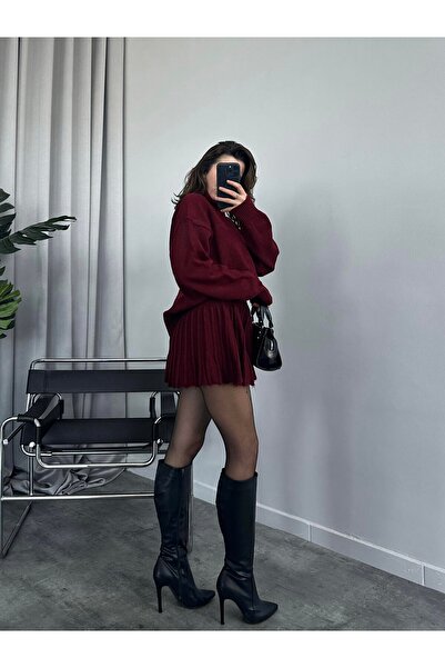 POİNE Women's Premium High Neck Sweater and Mini Skirt Knitwear Set