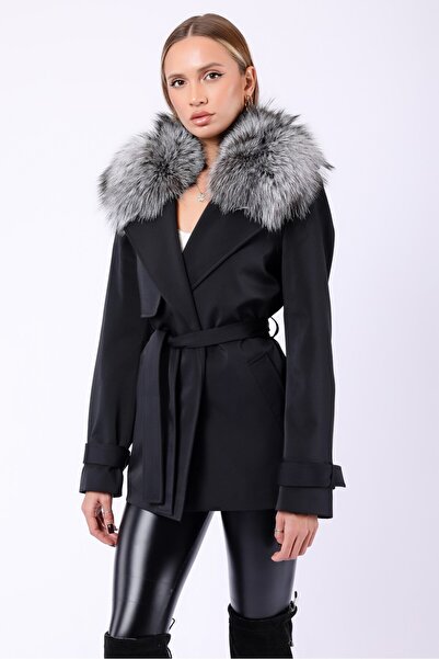 Leather Club Siyah Hakiki Fox Kürk Aksesuarlı Fiber Trench Kaban