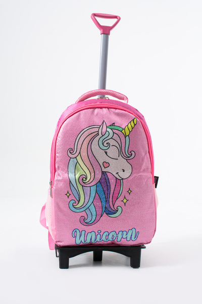 Sona Park Glitter Unicorn Elementary School Bag Set – Fixed Roller, Folding Front Leg, with Lunch Box