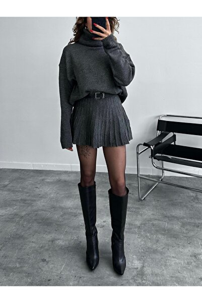 POİNE Women's Premium High Neck Sweater and Mini Skirt Knitwear Set