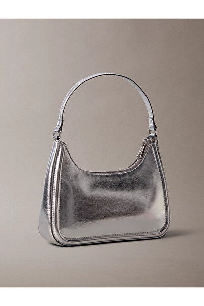 Calvin Klein Women's Large Ck Logo Short Strap Shiny Leather Silver Shoulder Bag Lv04F3332G-3Jh