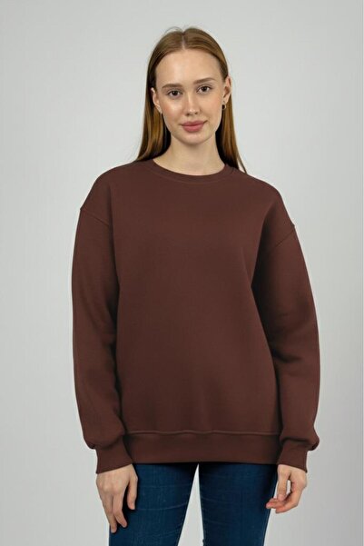 Betimoda Women's Basic Cotton Fleece-Lined Crew Neck Sweatshirt Brown