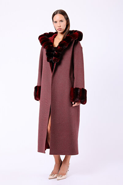 Leather Club Bordo Çinçila Kürk Aksesuarlı Hakiki Alpaka Yün Kaban