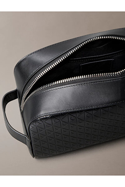 Calvin Klein Men's Leather Ck Embossed Monogram Letter Detail Wide Short Handle Black Handbag Lv04D1146G-Ub1