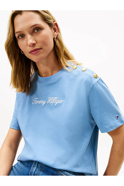 Tommy Hilfiger Women's Logo Short Sleeve Cotton Light Blue T-Shirt Ww0Ww47819-C33