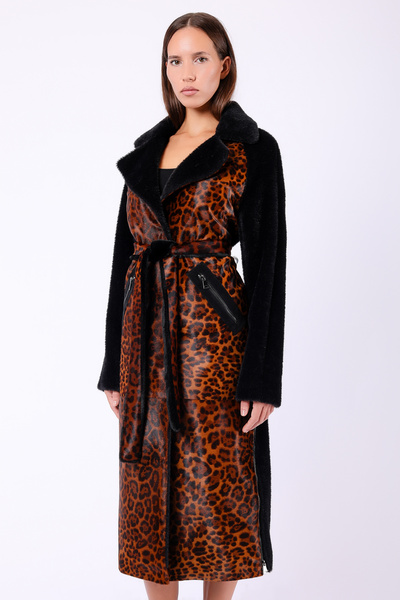 Leather Club Siyah Leopar Garnili Hakiki Kürk Kaban