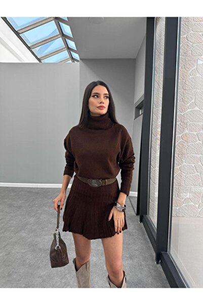 POİNE Women's Premium High Neck Sweater and Mini Skirt Knitwear Set