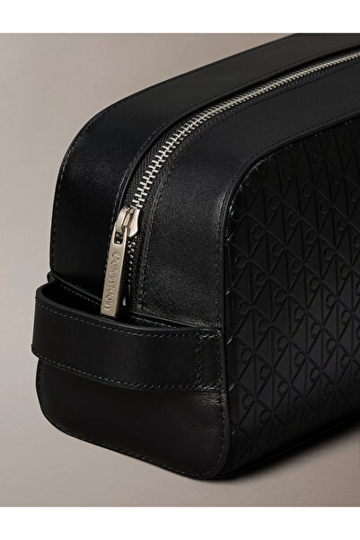 Calvin Klein Men's Leather Ck Embossed Monogram Letter Detail Wide Short Handle Black Handbag Lv04D1146G-Ub1