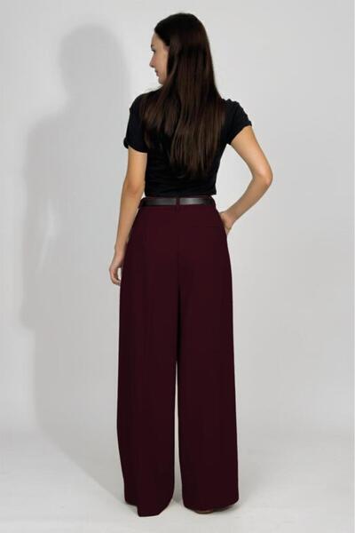 Betimoda Women's Pleated Belted Pocketed Palazzo Pants Claret Red