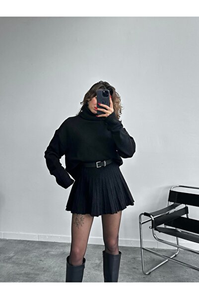 POİNE Women's Premium High Neck Sweater and Mini Skirt Knitwear Set