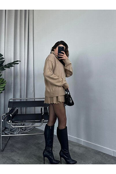 POİNE Women's Premium High Neck Sweater and Mini Skirt Knitwear Set