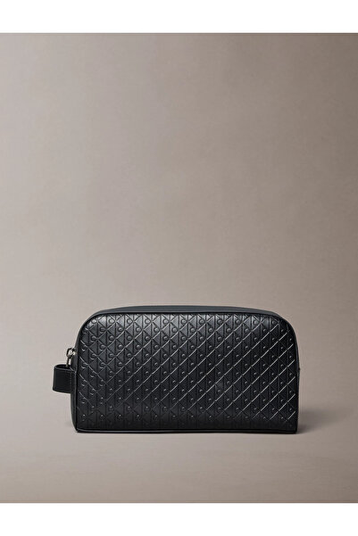 Calvin Klein Men's Leather Ck Embossed Monogram Letter Detail Wide Short Handle Black Handbag Lv04D1146G-Ub1