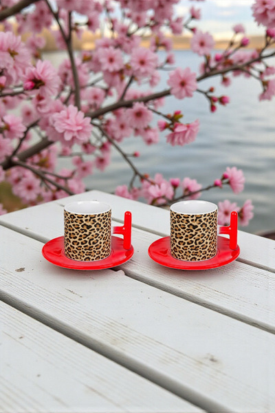 Gzl55 Leopar desenli t kulplu 2'li set fincan takımı