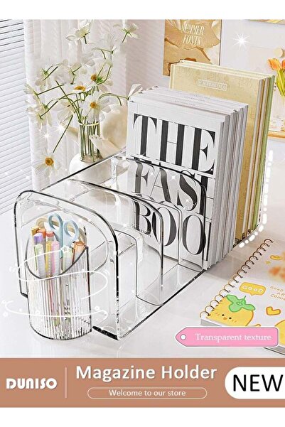 DOMEET Magazine Holder with Pen Holder, Clear File Organizer with Handle, Desk Accessories Organizers with