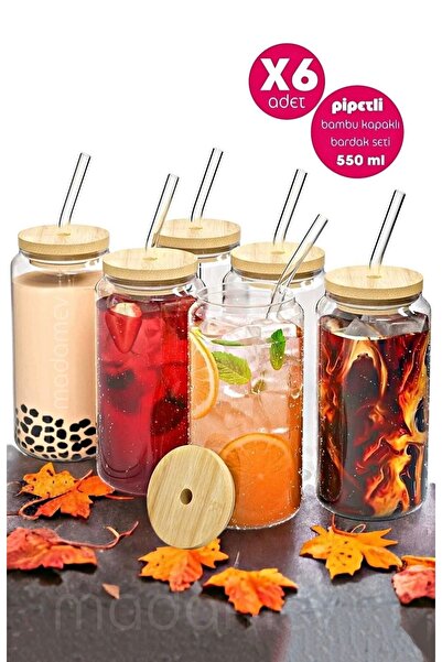Store 6'lı Bambu Kapaklı Pipetli Cam Bardak Isıya Dayanıklı Borosilikat Kola ...