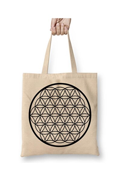 Toyaso Flower of Life Black Cloth Bag Long Handle Shopping Bag Beach Bag