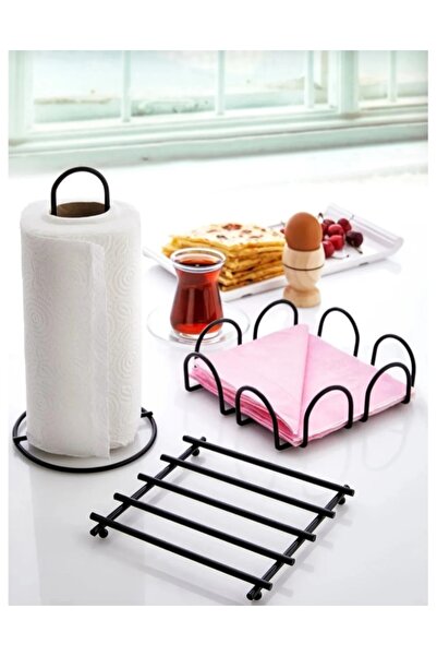 EGE HOME STORE Stainless Steel Serving Presentation Set Towel Holder Napkin Holder Trivet Stainless Steel Matte Black Metal Set of 3
