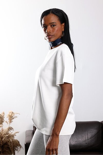 5in1Canpolat Ecru Crew Neck Oversized T-Shirt 4031