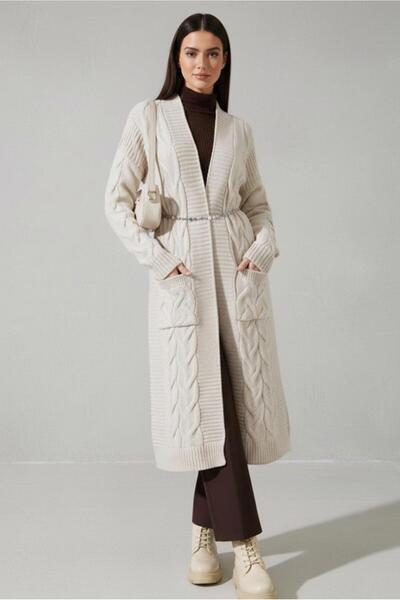 TRENDTESETTÜR Women's Beige (Stone) Knitted Patterned Tricot Cardigan t 7182