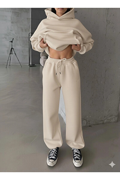 Seçkin Trend 3 Thread Fleece-Lined Rubber Leg Sweatpants Beige P510439