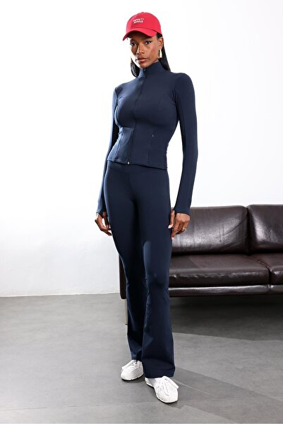 5in1Canpolat Navy Blue Ribbed Knit Belted Leggings Trousers 251161