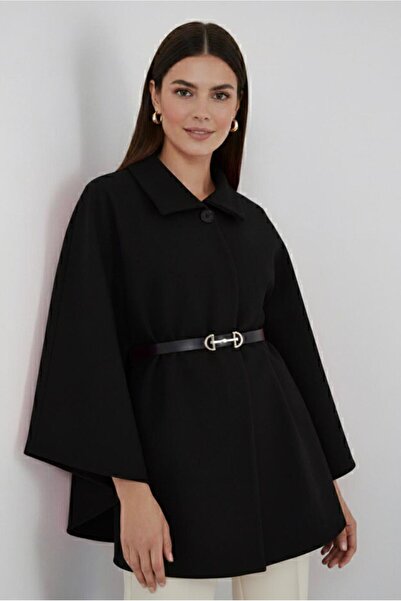 TRENDTESETTÜR KADIN SİYAH KEMERLİ KAŞE PANÇO T 0719