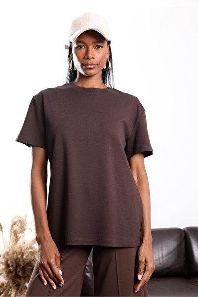 5in1Canpolat Brown Crew Neck Oversized T-Shirt 4031