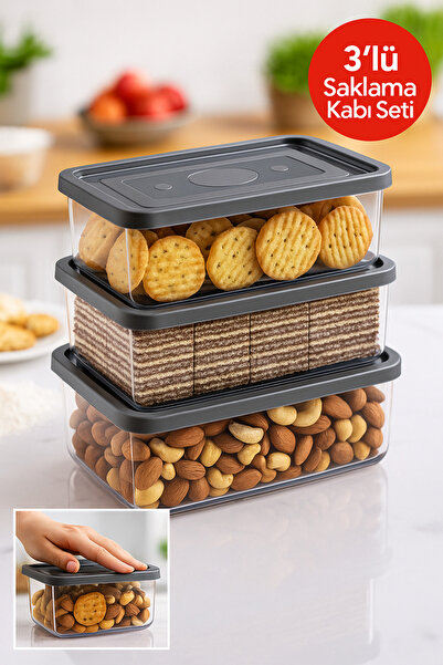 Open Home Concept 3’lü Saklama Kabı Seti 0.70L–1.0L–1.5L | Gri Kapak | Sızdır...