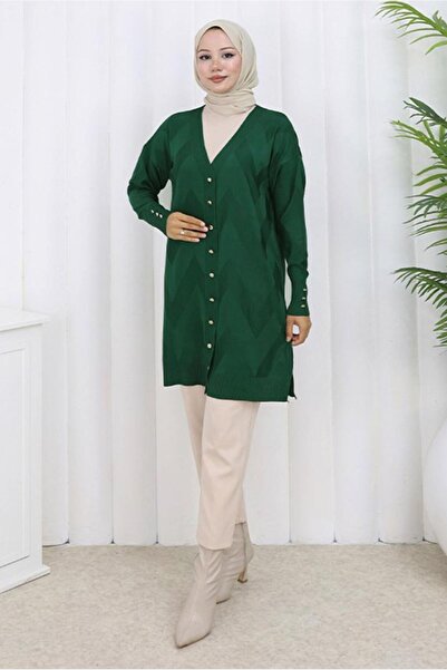 TRENDTESETTÜR كارديجان نسائي منسوج بنقشة خضراء (زمردية) T 3913