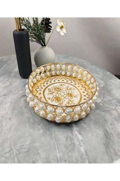 Generic Dressing Table Pearl Tray, Luxury Circular Metal Makeup Tray