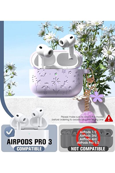 Yelajoy AirPods Pro 3 Case - Cherry Blossom Keychain, Soft Silicone Shockproof Flower Engraved (Purple)