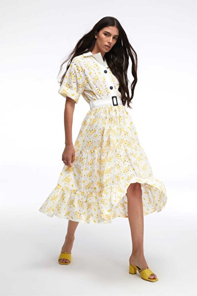 By Mare Style BELLAMY Çiçek Nakışlı Organik Pamuk Beyaz Uzun Elbise