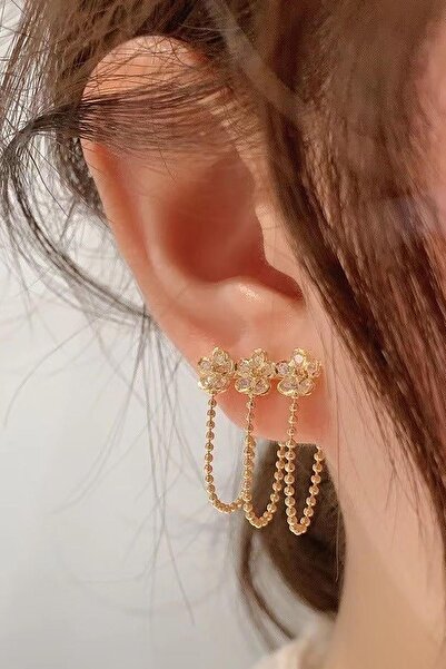 TAKIŞTIR Altın Renk Üçlü Delik Görünümlü 14k Altın Kaplama Küpe (Çift)