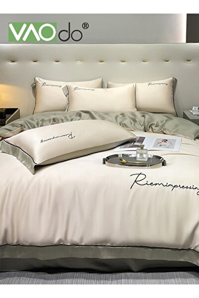 VAODO طقم لحاف ساتان مكون من 4 قطع، طقم ملاءات سرير، طقم مفروشات مطرز على الجانب AB، لطيف على البشرة وناعم
