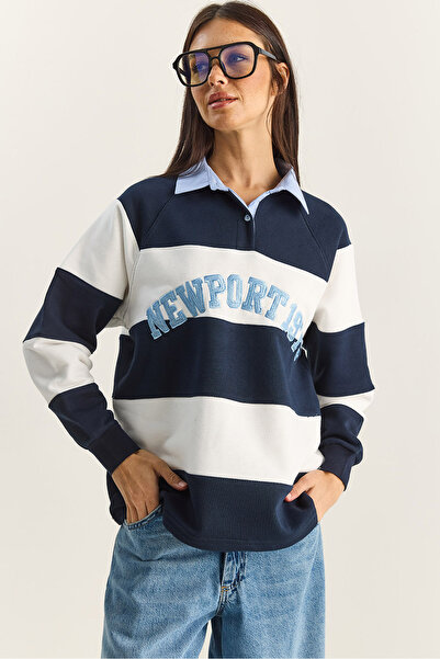 Bianco Lucci Women's Polo Neck Embroidered Striped Sweatshirt 8658 60283852