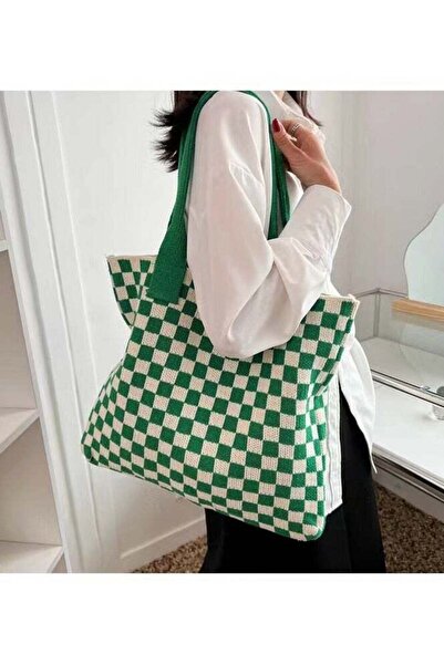 Generic Women's Checkered Knitted Tote Shoulder Bag - Large Capacity