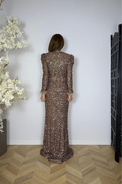 gesmoda G1669 Otriş Detailed Sequin Evening Dress Bronze