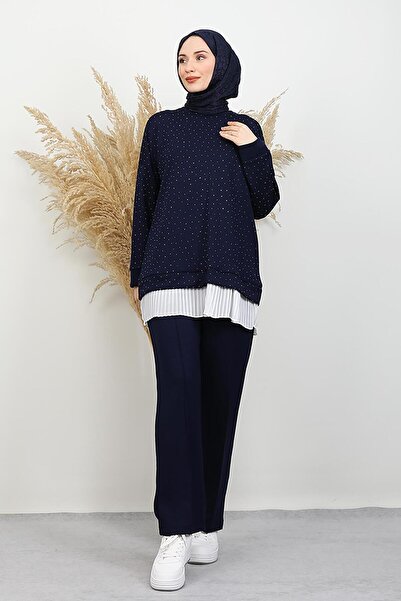 GİYZAMİLA Pleated Detail Glitter Suit Navy Blue