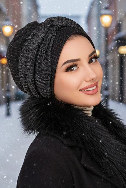 Aişe tesettür Siyah Gümüş Işıltı Burgu Detaylı Bone