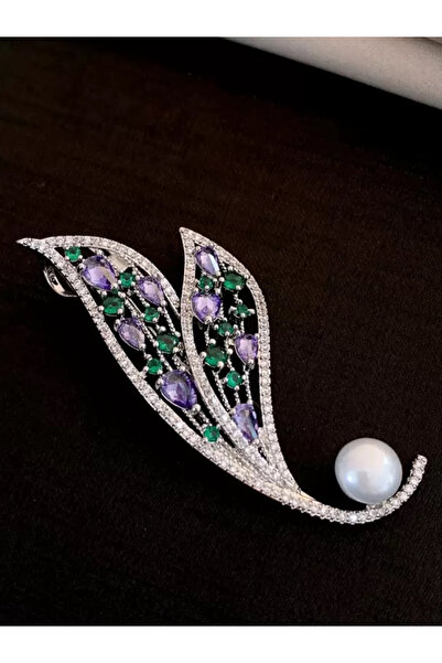 justchique Broșă elegantă cu cristale mov și verde, perlă decorativă