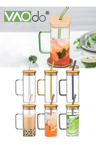 VAODO مجموعة من 6 أكواب زجاجية مع أغطية وقشات، أكواب قهوة زجاجية بأغطية من ال...