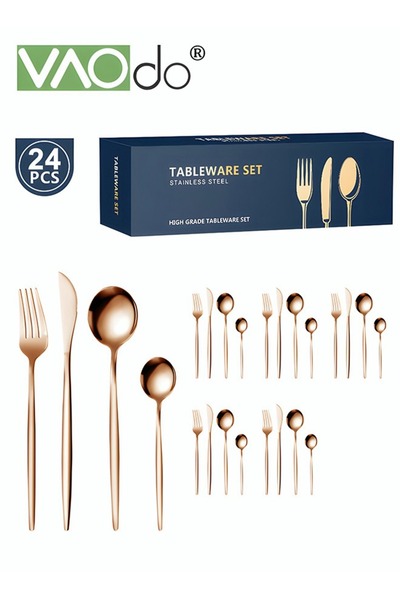 VAODO 24PCS Stainless Steel Cutlery Set Silverware Set Service 6 With Steak Knife Mirror Polished Tablewar
