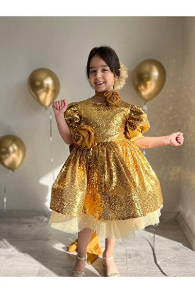 Sare Çocuk Giyim Gold Sparkly Sequins Big Bow Detail Shimmering Evening Dress + Buckle + Neck Collar