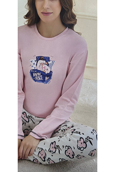 İpek Women's Long Sleeve Crew Neck 100% Cotton Patterned Pajama Set