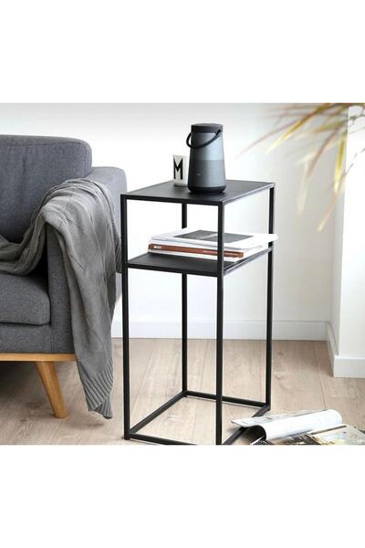 DEFART FORMVİA Modern Loft Tarz 2 Katlı Sehpa – Siyah Metal Gövdeli Yan Sehpa