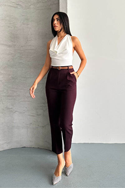 macharel jeans Women's Skinny Leg Pleated Belt Transitional Fabric Pants Dark Plum